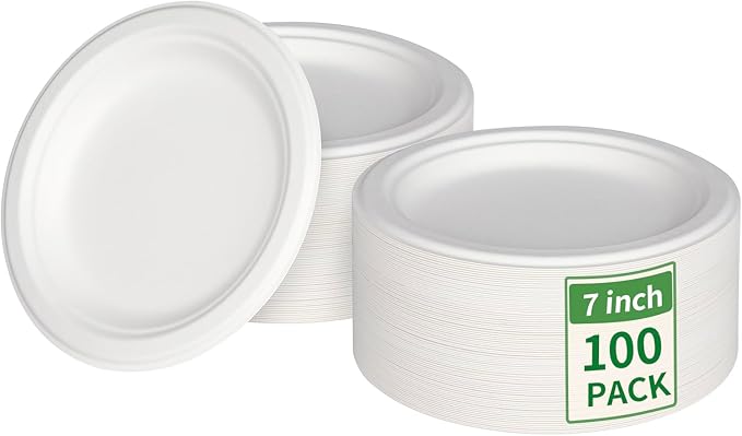 Aricsen 100 Pack 7 Inch Compostable Disposable Round Paper Plates, Natural White Biodegradable Sugarcane Bagasse PFAS-Free Eco-Friendly Dinner Plates for Party Wedding Picnic BBQ (100, 7 INCH)