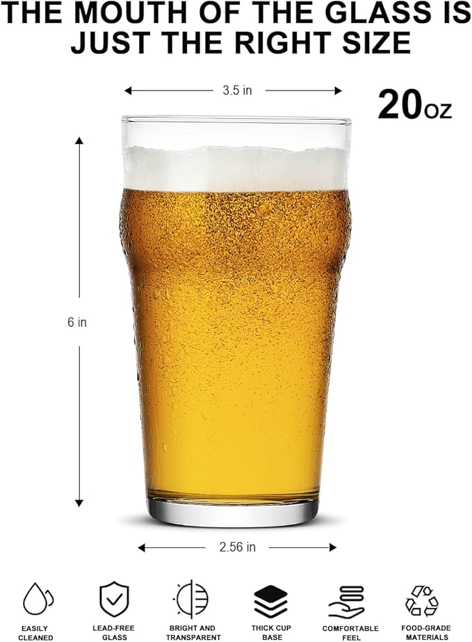 Pint Glasses,20oz British Beer Glass,Classics Craft Beer Glasses,Premium Beer Glass Tumbler Set of 4, Unique Design Beer Glasses Easy Stacking in The Cupboard
