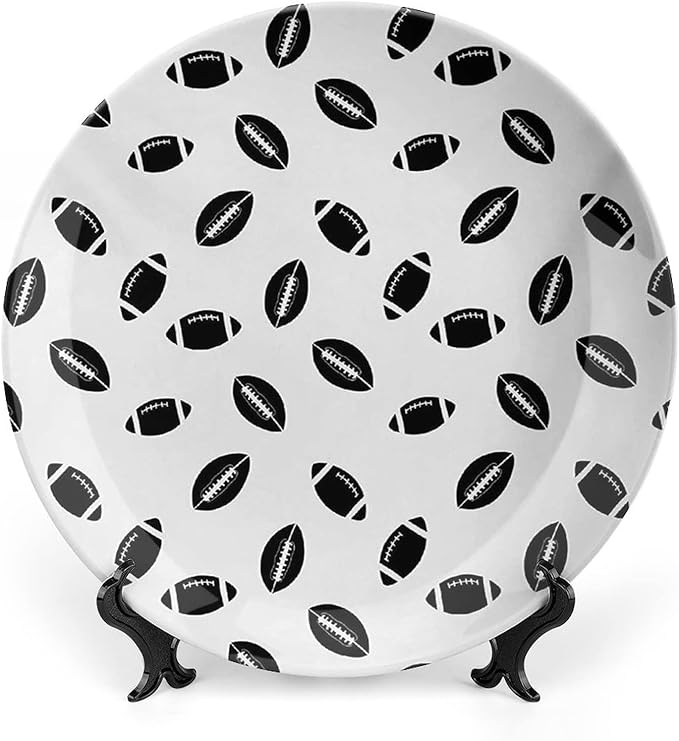 Ceramic Plates, American Football Decorative Ceramic Plates, Monochrome Pattern Black Rugby Balls Sports, 10 Inch, Household Plates Decorative, Black White