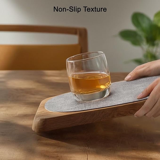 Placemats and Coasters, Washable Placemats Round Faux Leather Wipeable Place Mats Non Slip Heat Resistant Indoor Outdoor Table Mats (Set of 6, Light Gray Beige)