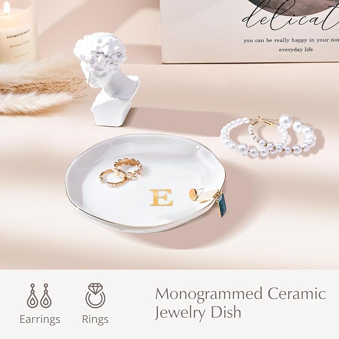 ProCase Ceramic Jewelry Tray, Initial Ring Dish Trinket Plate Engagement Gift, Small Personalized Monogram Ring Bowl for Wedding, White Decorative Jewelry Holder for Women Vanity -Letter E