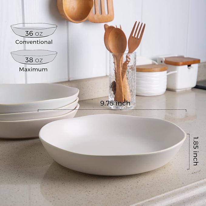 AmorArc 9.75'' Large Ceramic Pasta Bowls, 38oz Stoneware Wide Serving Bowls Set of 6 for Kitchen, Oven, Microwave&Dishwasher Safe Bowls with Wavy Rim for Fruit Pasta Salad Meal, Matte White