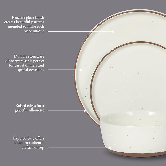 Gibson Elite Northrock Stoneware Dinnerware Set, 12-Piece Service for 4 Plates and Bowls Set – White Dishes with Hand-Painted Terracotta Base