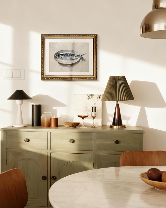 InSimSea Gold Framed Wall Art, Kitchen Dining Room Vintage Sardine on the Plate Wall Decor, Still Life Canvas Print Art, Home Farmhouse Decor, Antique Paintings with Picture Frame 13x16inch