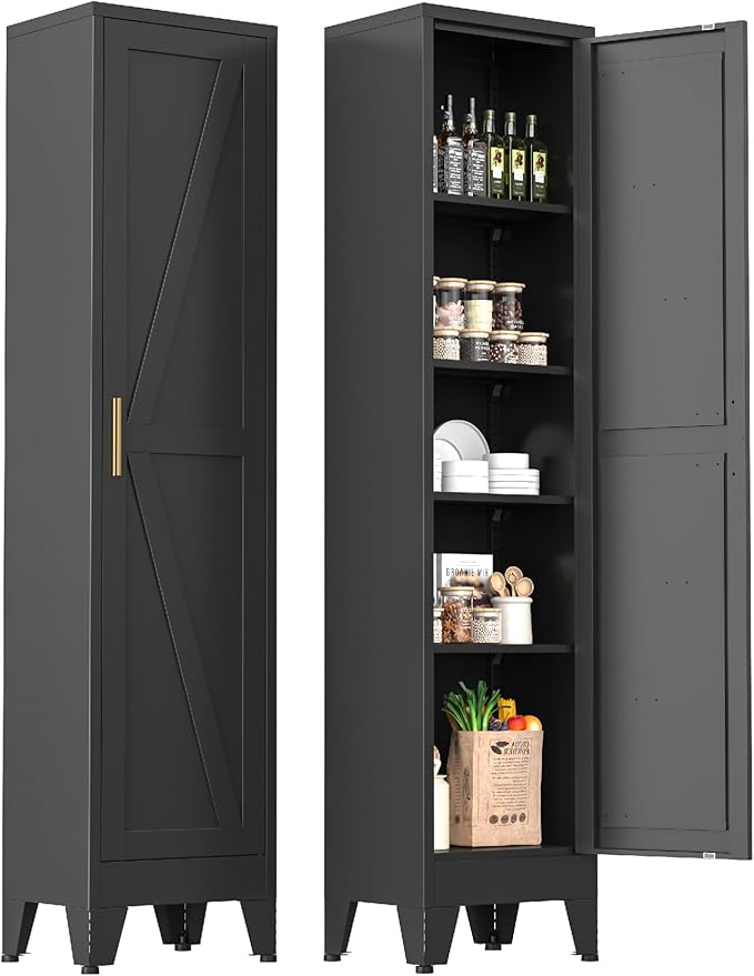 Narrow Metal Cabinet with 4 Adjustable Shelves and Barn Doors,Tall Bathroom Storage Cabinet, Metal Pantry Organizer for Kitchen,Home Office, Dining Room,Black