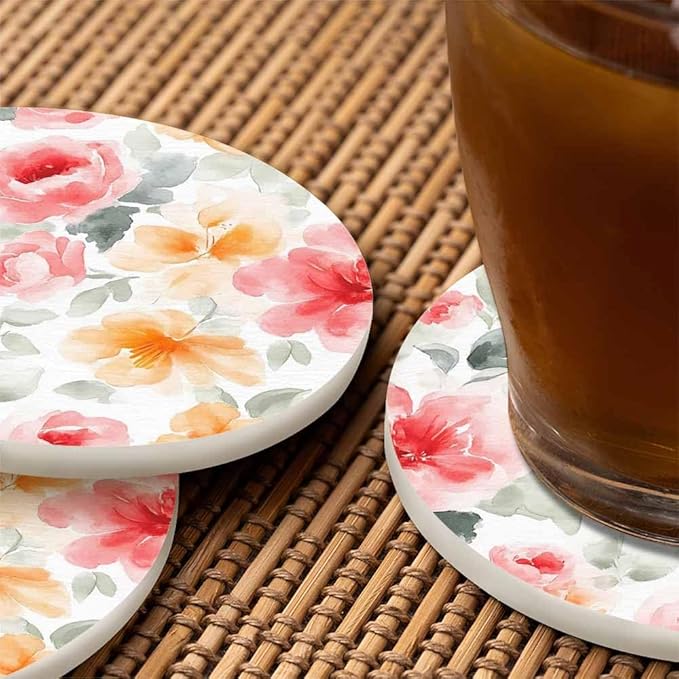 Pastel Roses Watercolor Anti Slip Coasters Beautiful Colorful Blossom Botanical Cups Place Mats for Table Home Decor 4 Inches Living Room Kitchen Coffee Table,2 Pcs