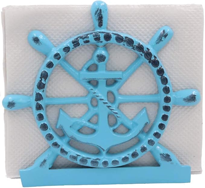 THDC Nautical Napkin Holder, Lunch, Dinner, Nautical Collection Napkin Holder, Made of Metal (Anchor Distressed Blue)