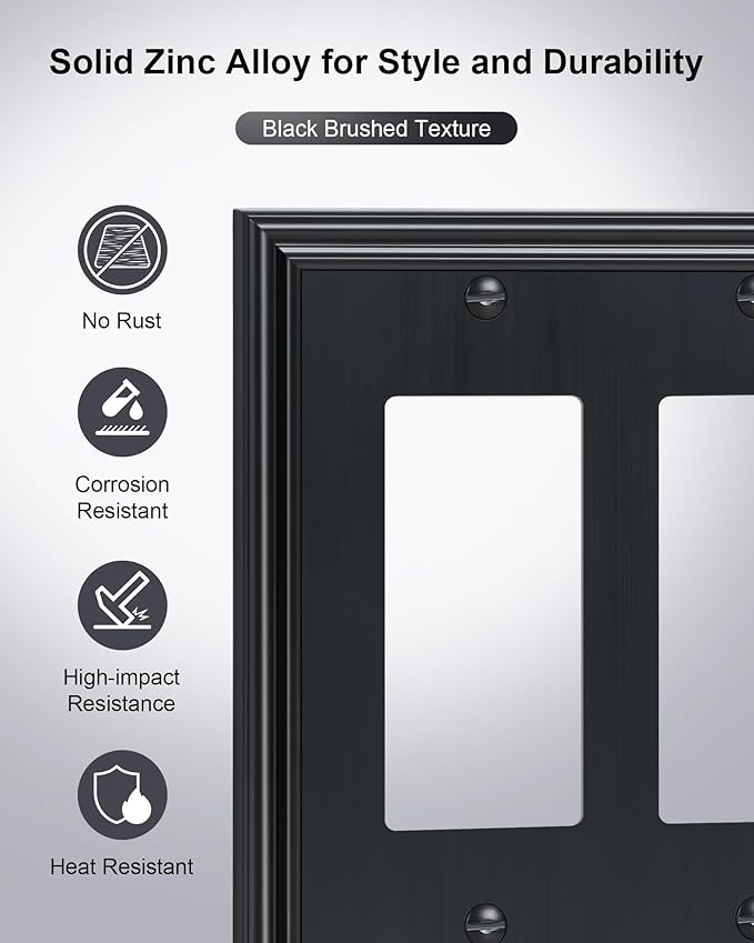 2-Pack Decorative Double Decorator Outlet Cover Plate, Durable Zinc Alloy Black Wall Plates for Electrical Outlets, Receptacle, GFCI Outlet, Dimmer Switch, 2-Gang, Corrosion Resistant