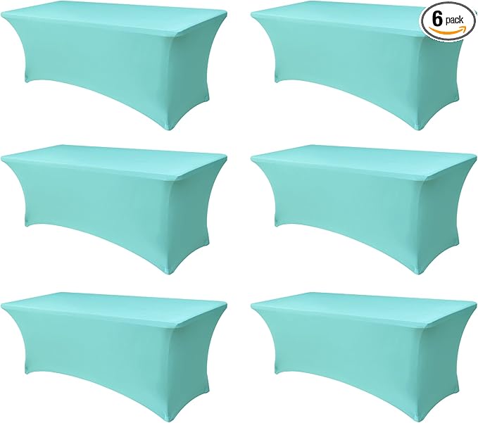 Fitted Stretch Table Cover for 6 foot Rectangle Tables-6 Pack Aqua Blue Spandex Tablecloth-Elastic Folding Tablecloths for Party, Vendor Booth Display, Banquet Buffet Event, Craft Trade Show