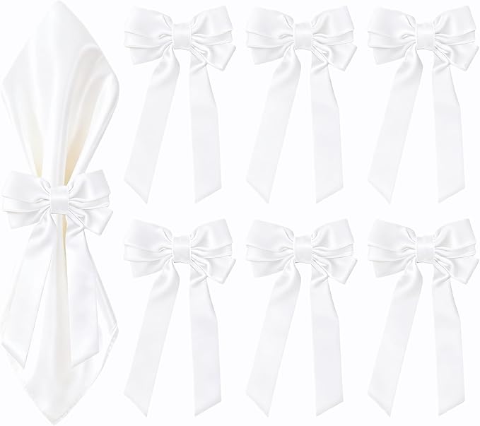 White Velvet Bow Napkin Rings Set of 6 Luxury Soft Velvet Napkin Holders, Elegant Bow Design for Christmas Holiday Dinner Wedding Party Table Decor