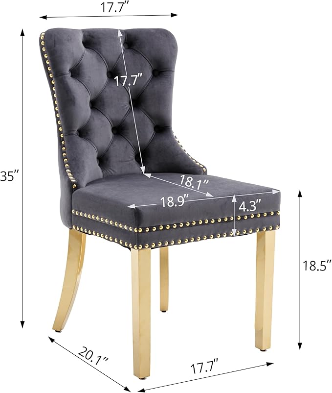 KCC Velvet Dining Chairs Set of 2, Upholstered High-end Tufted Dining Chair with Nailhead Back Ring Pull Trim Stainless Steel Legs, Contemporary Nikki Collection Modern Style for Kitchen, Dark Gray