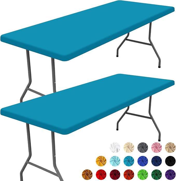 Spandex 6 Foot Rectangle Table Cloth 2 Pack, Elastic Fitted Tablecloths for Picnic, Stretch Washable Patio Table Cover for Outdoor, Camping, Banquet and Parties (Teal, 30"x72")