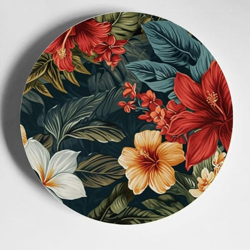 10 Inch Textile Tropical Nature Decorative Ceramic Plates with Display Stand Ideal for Household Wall Hanging and Decor DP-797099166