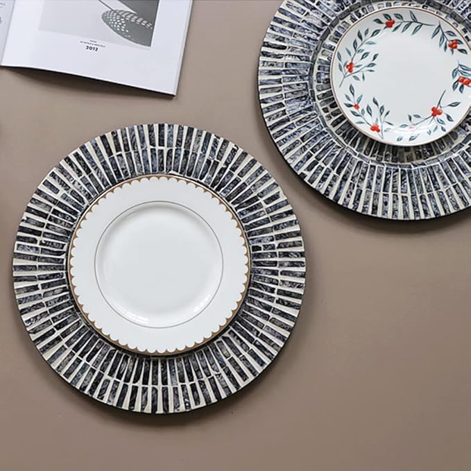 i-lan Set of 2 Mother of Pearl Decorative Charger Plates for Display, 13" Sea Shell Inlay Wood Charger Plates for Dining, Party, Modern and Rustic Decoration Placemats for Dinner Plates,Black Ray