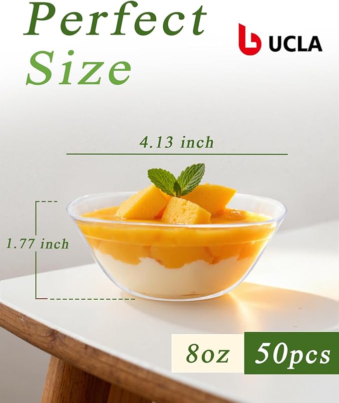 bUCLA 50Pack Clear Plastic Small Bowls - 8oz Disposable Ice Cream/Salsa/Dipping/Dessert/Sauce/Small Serving Bowls for Party