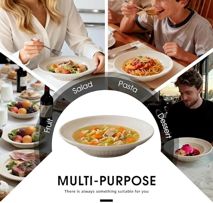Wide Rim Soup Bowls, 11oz Small Capacity Rimmed Pasta Bowls Set of 4, 8 Inch Ceramic Salad Bowl, Shallow Plates, Elegant Dinner Cereal Serving - Microwave Dishwasher Oven Safe - Beige