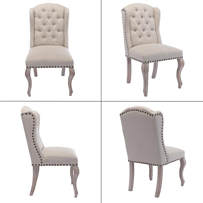 chairus Tufted Parsons Dining Chairs Set of 8, French Country Upholstered Dining Room Chairs with Nailhead Trim & Curved Wood Legs, Farmhouse High Back Armless Side Kitchen Chairs, Beige Linen