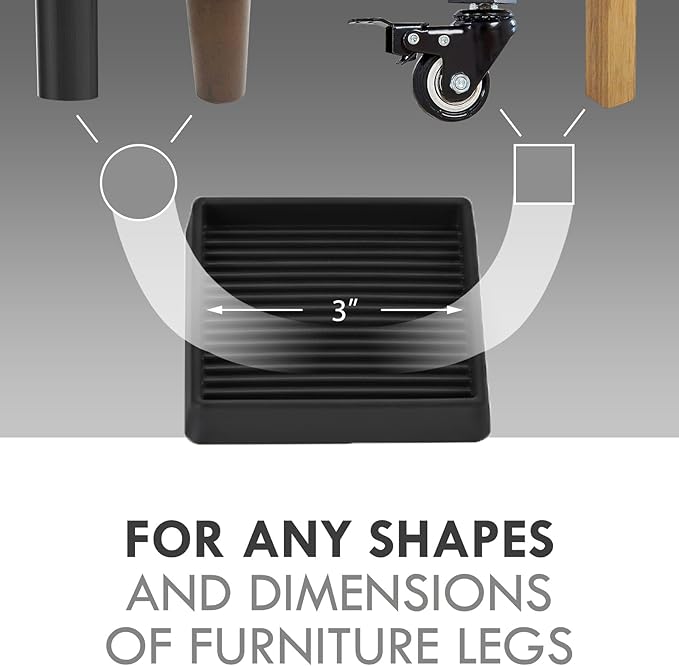 3X3 Rubber Caster Cups, Non Slip Furniture Pads, Anti-Slip Gripper, Anti Skid Furniture Feet, Anti Slide Floor Protector for Bed Couch Stoppers (8 Pack, Black)