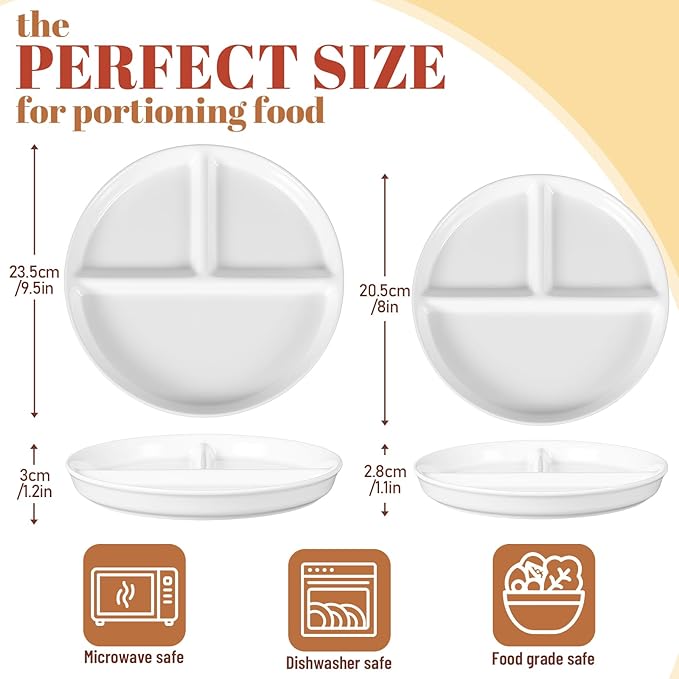 Lounsweer Set of 4 Pcs Portion Control Plate Ceramic Divided Bariatric Plates 3 Compartment Reusable Dinner Plates for Weight Loss Balanced Meal (8 Inch)
