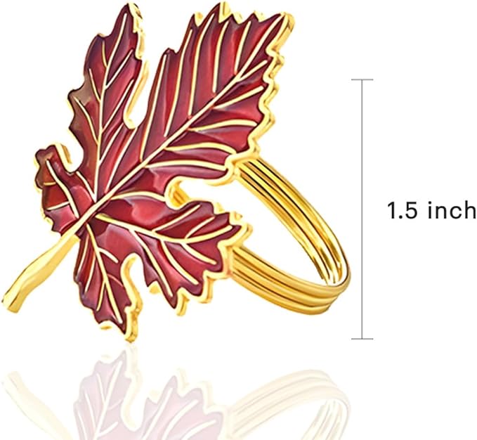 Decozen Set of 4 Red Gold Napkin Rings in Maple Design, Festive, Table Decor Setting for Holiday, Wedding, Birthday, Kitchen, Home Decor, Housewarming Gift - Thanksgiving Decoration