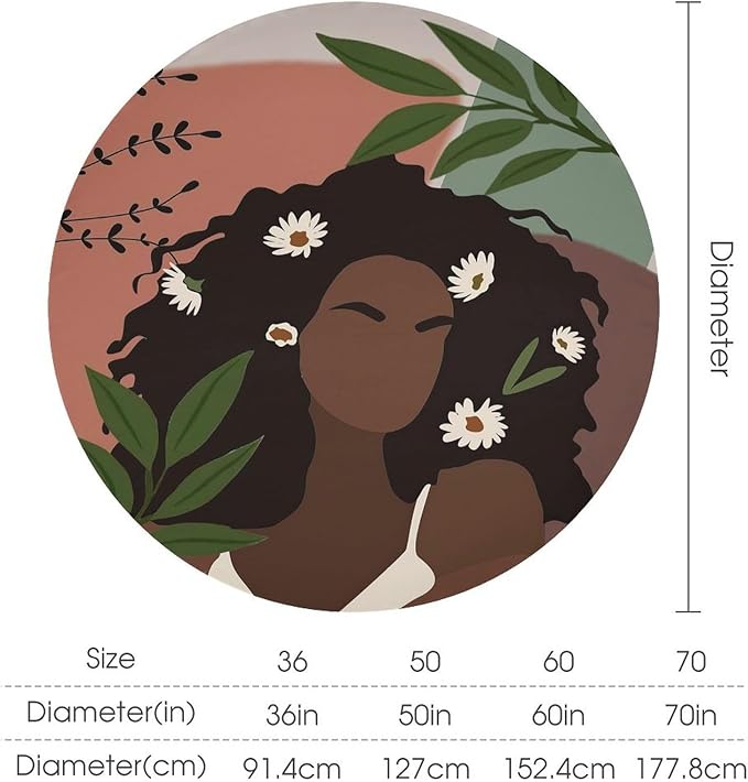 Bohemian Retro Mid Century Round Tablecloth, African Woman Girl Leaves Flower Tablecloth for Home Party Dining Room Kitchen Decor 70Inch(178cm)