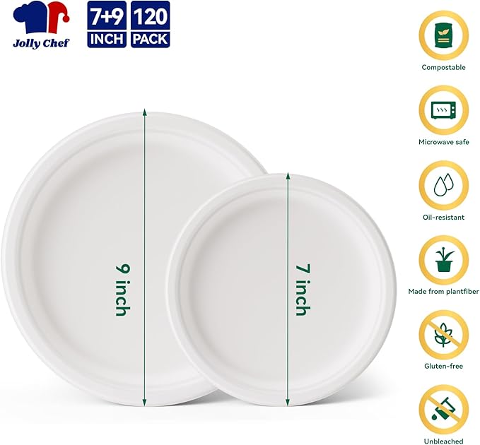 JOLLY CHEF Compostable Heavy Duty Plates 𝟳 𝗶𝗻𝗰𝗵 𝗮𝗻𝗱 𝟵 𝗶𝗻𝗰𝗵 [𝟭𝟮𝟬 𝗣𝗮𝗰𝗸] Eco-Friendly Disposable Paper Plates Bagasse Biodegradable Sugarcane for Party Hot Coold Food Christmas(White)