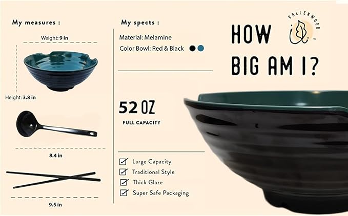 4 XL Ramen bowl set, 12 Pieces Pho Bowls Set, Asian Japanese soup with Spoons and Chopsticks. Restaurant Quality Melamine, 52 oz for Noodles, Udon, Thai, Chinese dinnerware (Green Black, 9 inch x4)