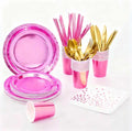 Iridescent Pink Party Supplies, Holographic Paper Plates and Napkins Set, Rainbow Disposable Paper Plates Cups Knives Spoons Fork Straw for Birthday Wedding Party Serve 25 (Pink)