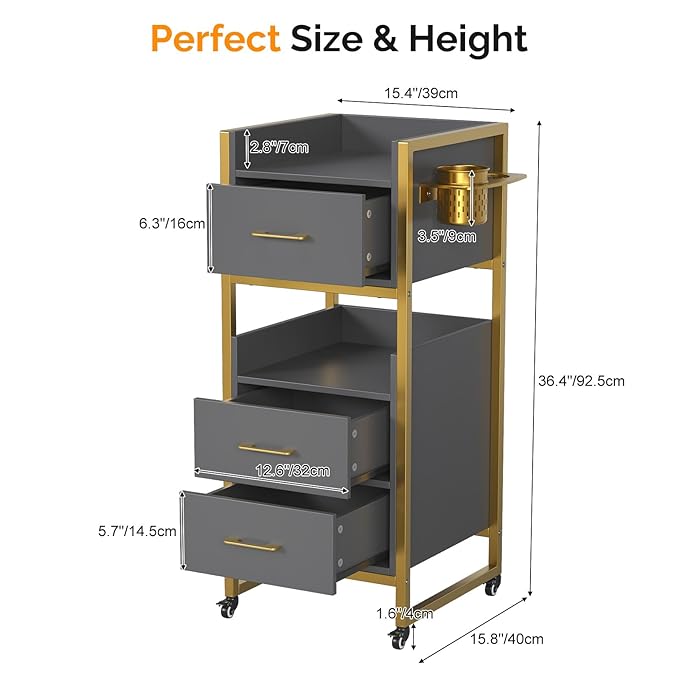 OmySalon Salon Trolley Cart, Hair Styling Station with 3 Drawers, 2 Open Shelf & Tool Holders, Mobile Barber Storage Cabinet Utility Trolley for Beauty Salon Spa, Gery