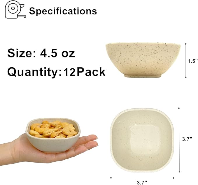 12 Pack Small Bowls, 4.5 OZ Assorted Colors Dipping Sauce Cups, Wheat Straw,Unbreakable,Plastic Prep for Side Dishes, Dessert, Snacks