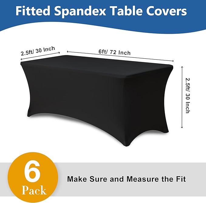 Spandex Table Cover for 6 foot Rectangle Tables-6 Pack Fitted Stretch Black Tablecloth-Elastic 6ft Folding Tablecloths for Party, Vendor Booth Display, Banquet Buffet Event, Craft Trade Show