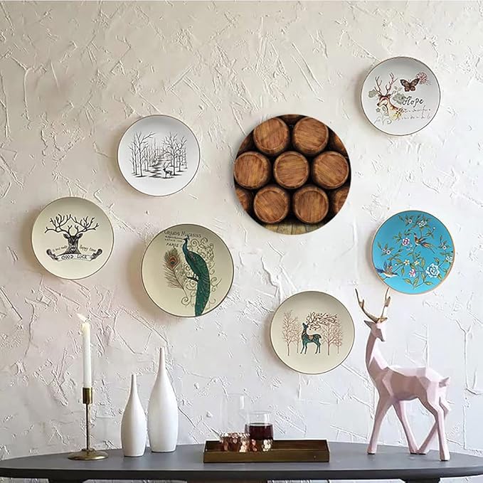 Decorative Plates, Wine Print Ornament, Wall of Wooden Barrels, 8 Inch, 1 Plate with 1 Display Stand, Multicolor