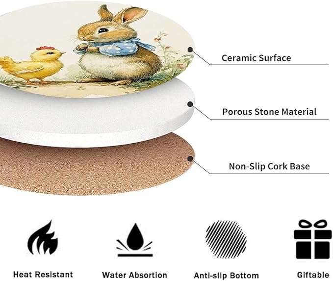 Drink Coasters for Drinks Set of 6, Vintage Easter Cute Rabbit and Eggs Absorbent Round Ceramic Stone Mat Coaster, with Cork Base and Metal Holder, Home Bar Decor House Warming Gift