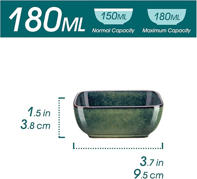vancasso Stern 6 Oz Dipping Bowls, 3.7 Inches Ceramic Soy Sauce Dish, Square Side Dishes, Small Appetizer Plates Set of 4, Green