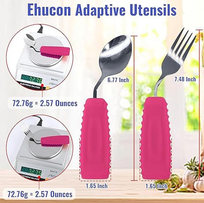 Adaptive Utensils Set for Hand Tremors,Arthritis and Parkinsons -Weighted Silverware with Non-Slip Handle to Easy Grip,Eating Flatware for Elderly Use (Left hand 1fork+1spoon=1set,Pink)