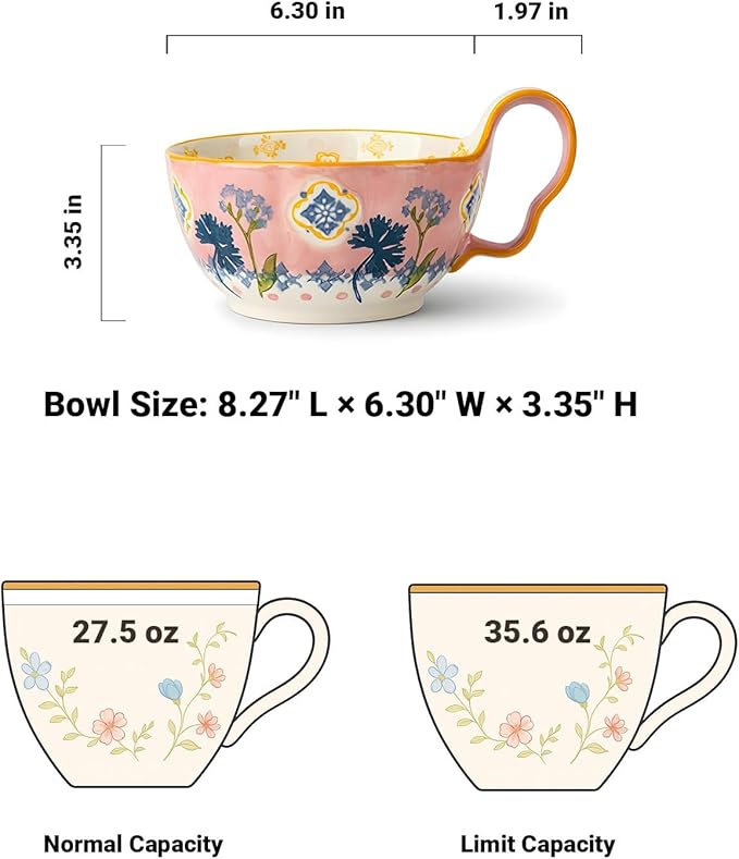 35oz Soup Bowls with Handles, Microwave Safe Large Ceramic Soup Bowl for Chili, Stew, Ice Cream, Berries & Fruits, Gift-Ready for Women, Christmas, Hostess Gifts & Fall Decor