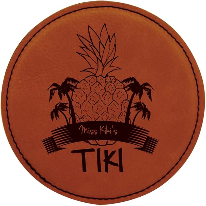 Custom Engraved Coasters | Personalized Leather Coaster | Set of 6 | Drink Coasters with Holder | Laser Engraved | Tabletop Protection | Gift for Couples (Round 4", Rawhide w/Black)