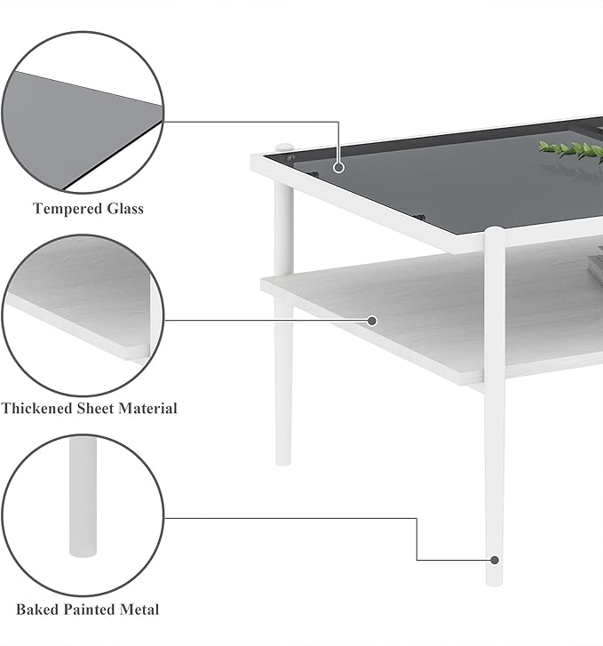 Mid Century Modern 2-Tier Coffee Table with Gray Tempered Glass Top & Wood Storage Shelf – Space-Saving Center Table for Living Room, Apartment & Small Spaces (White)