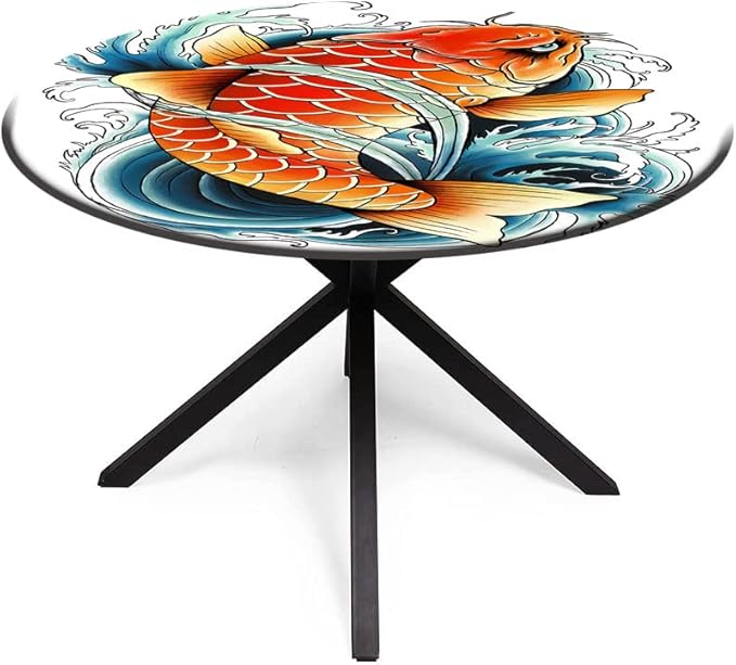Elastic Tablecloth, Koi Fish Decorative Fabric Table Cover for, Tattoo Style Japanese Wave, Fit Round Tables 48inch Diameter, for Indoor Outdoor Fits, Multicolor