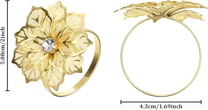 Hotop 70 Pcs Gold Napkin Rings Flower Napkin Holders Buckles Hollow Out Rhinestone Christmas Delicate Serviette Buckles for Thanksgiving Party Gathering Dinner Wedding Banquet Holiday Table Decor