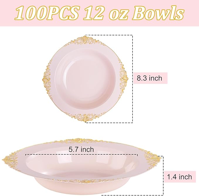 100PCS Pink Plastic Bowls - 12 oz Pink Gold Disposable Salad Bowls - Heavy Duty Disposable Soup Bowl - Fancy Plastic Ice Cream Bowl for Weddings Valentine's Day Parties Dinners Picnics