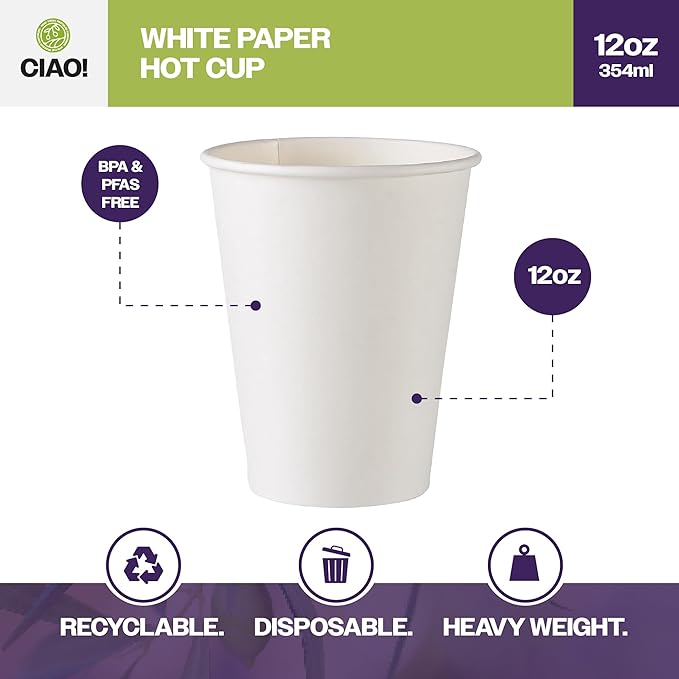 CIAO! 12oz White Paper Hot Cup, Disposable, 80mm Diameter 500 Count