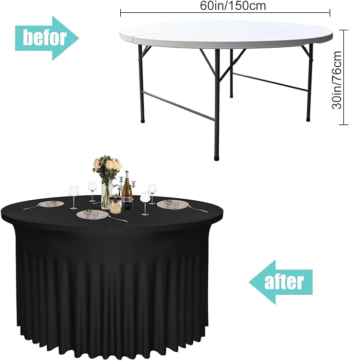 6-Pack 60" Diameter x 30" Height Black Round Table Skirts for 5FT Tables | Wrinkle & Stain Resistant Polyester Spandex Tablecloths with Elastic Fit | Ideal for Weddings, Parties, Banquets, Dining