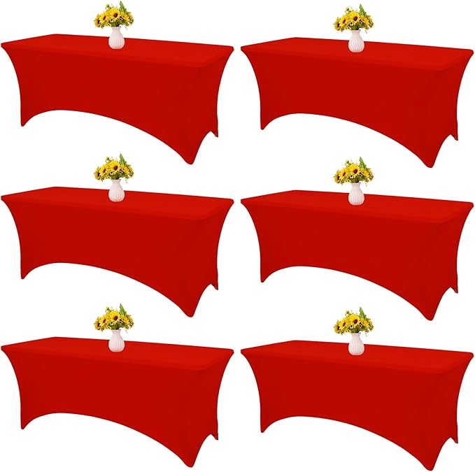 HAISIWLKJ 6 Pack Table Cloth 8ft Red Tablecloths for Rectangle Folding Table Spandex Fitted Stretch Cover Wrinkle Resistant Washable Protector for Party, Wedding, Banquet, Festival.
