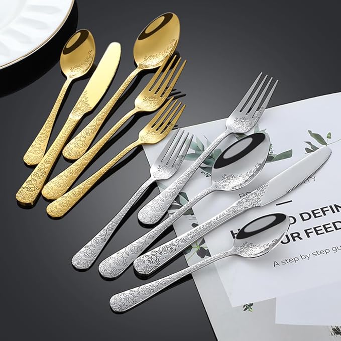 40-piece flowers Gold TWEE Silverware Set for 8, Palace Style Stainless Steel Flatware Cutlery Serving Utensils, Eating Tableware for Home Kitchen Hotel Restaurant, Mirror Polished