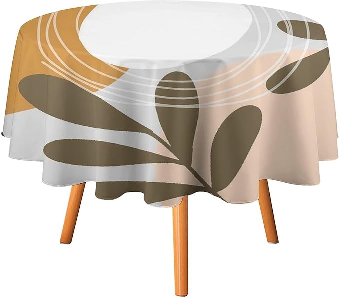 Boho Mid Century Round Tablecloth, Bohemian Abstract Modern Leaves Tablecloth for Home Party Dining Room Kitchen Decor 60Inch(152cm)