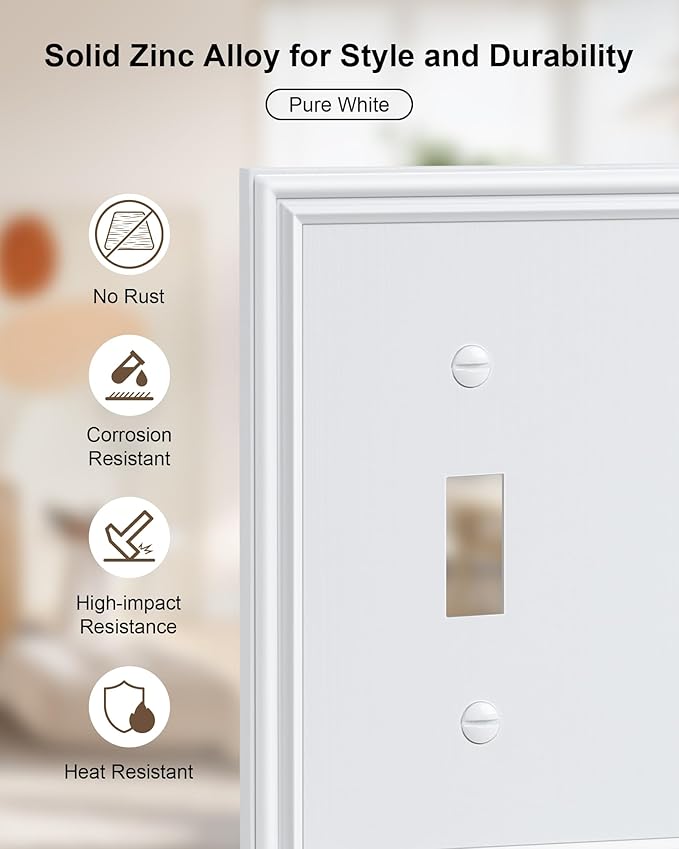 2-Pack Triple Toggle Light Switch Cover Plate, Durable Solid Zinc Alloy Decorative Switch Plate Covers, Pure White 3 Gang Wall Plate, Corrosion Resistant