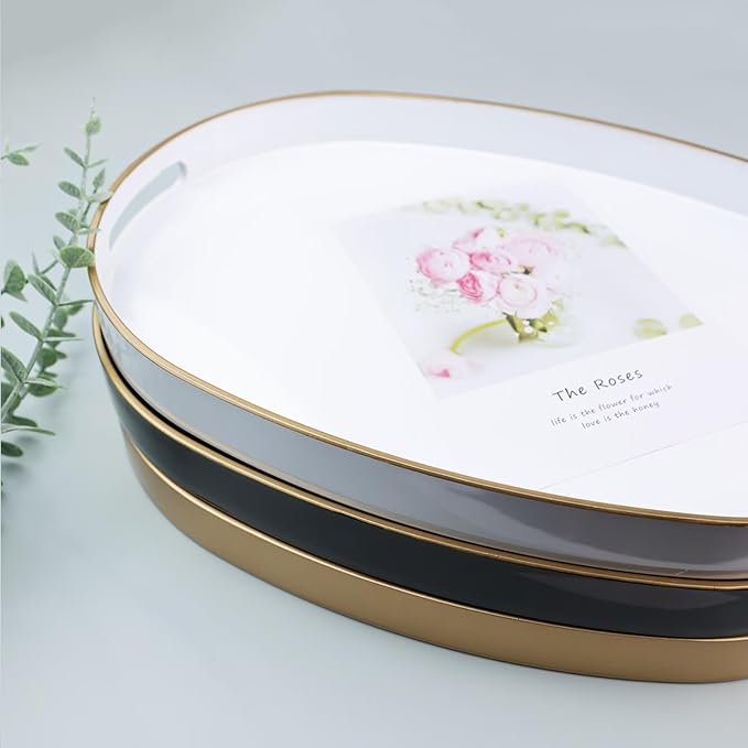 Green Oval Decorative Tray with Handles, Versatile Serving Tray for Coffee Table, Ottoman, Ideal for Serving, Displaying, Organizing