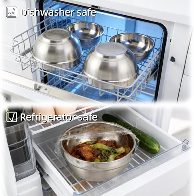 4pcs stainless Steel Bowls Set，5.1Inches Double Walled Insulated Large Serving Rice Cereal Salad noodle， 500ml Unbreakable Deep Bowl for kitchen Restaurant