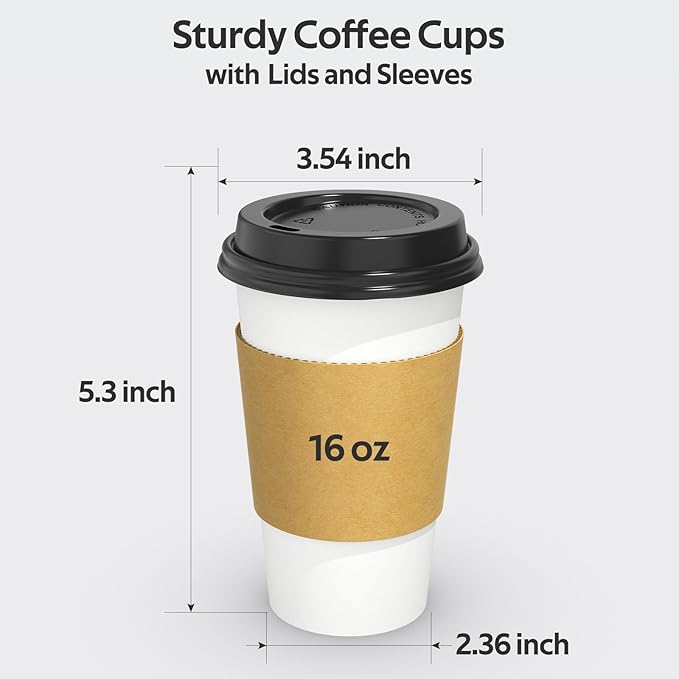 100 Pack 16 oz Disposable Coffee Cups with Lids and Sleeves, Sturdy Thick Paper & Leak-free Insulated to Go Paper Hot Coffee Cups with Sip Lids for Hot & Cold Beverage